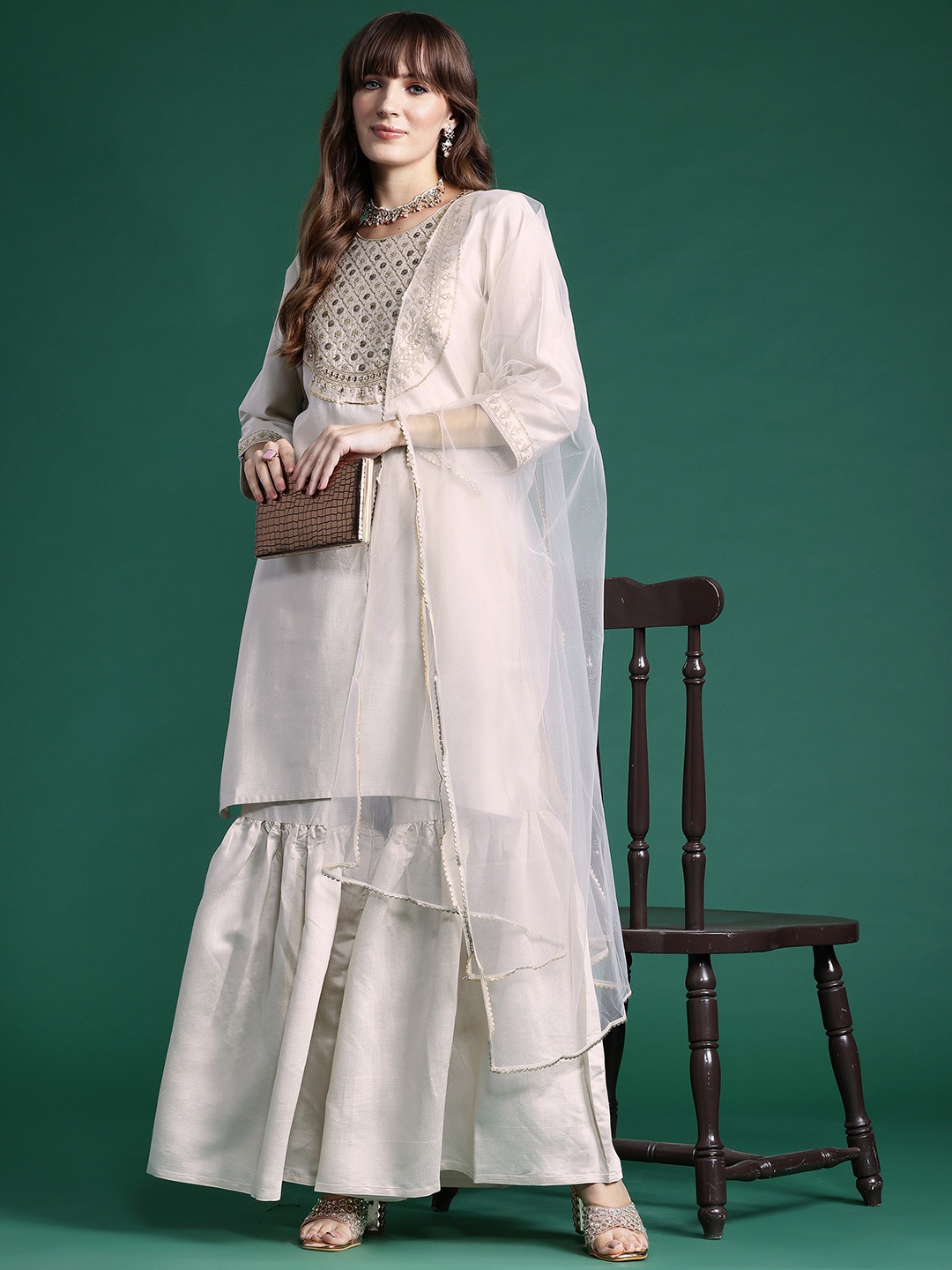 

Indo Era Ethnic Motifs Embroidered Gotta Patti Liva Kurta With Sharara & Dupatta, Off white