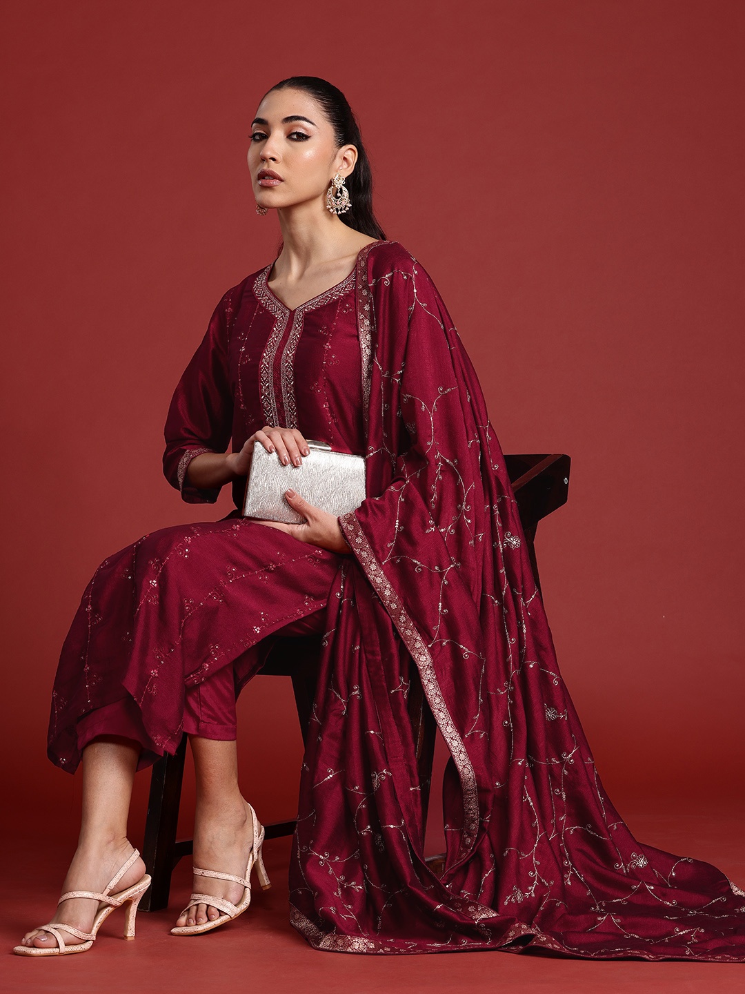 

Indo Era Floral Embroidered Zari Kurta With Trousers & Dupatta, Maroon