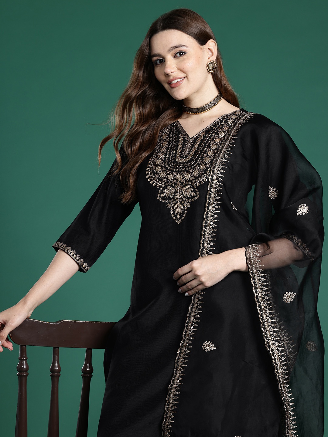 

Indo Era Ethnic Motifs Embroidered Liva Kurta with Trousers & With Dupatta, Black