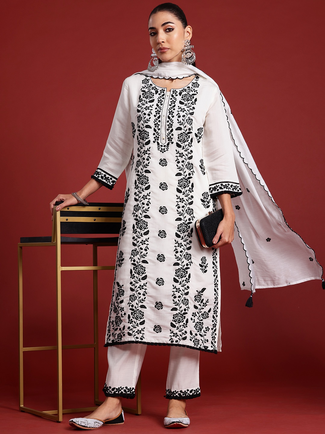 

Indo Era Floral Embroidered Thread Work Kurta With Trousers & Dupatta, White