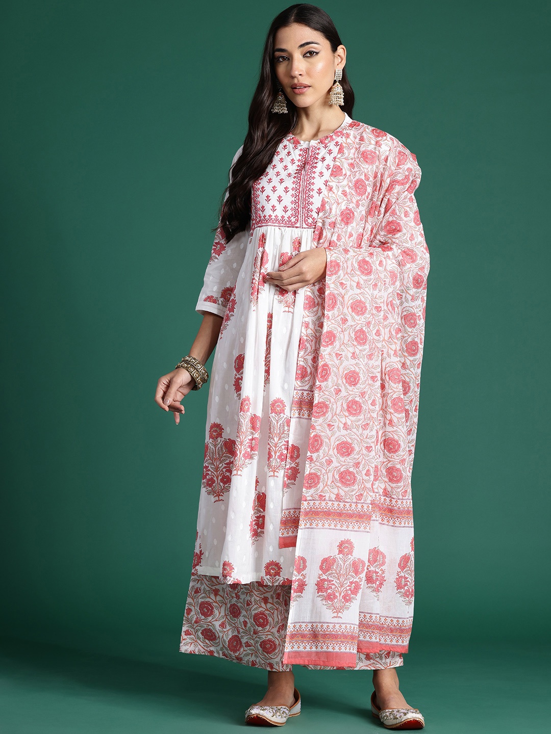 

Indo Era Ethnic Motifs Printed Pleated Sequinned Pure Cotton Kurta With Palazzos & Dupatta, White