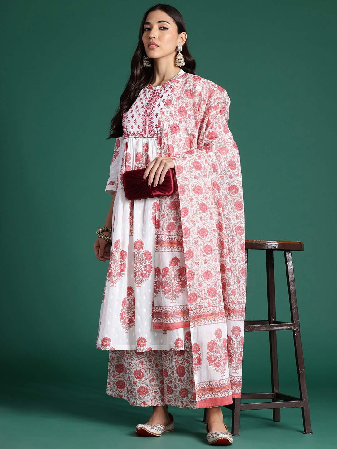 

Indo Era Ethnic Motifs Printed Pleated Sequinned Pure Cotton Kurta With Palazzos & Dupatta, White