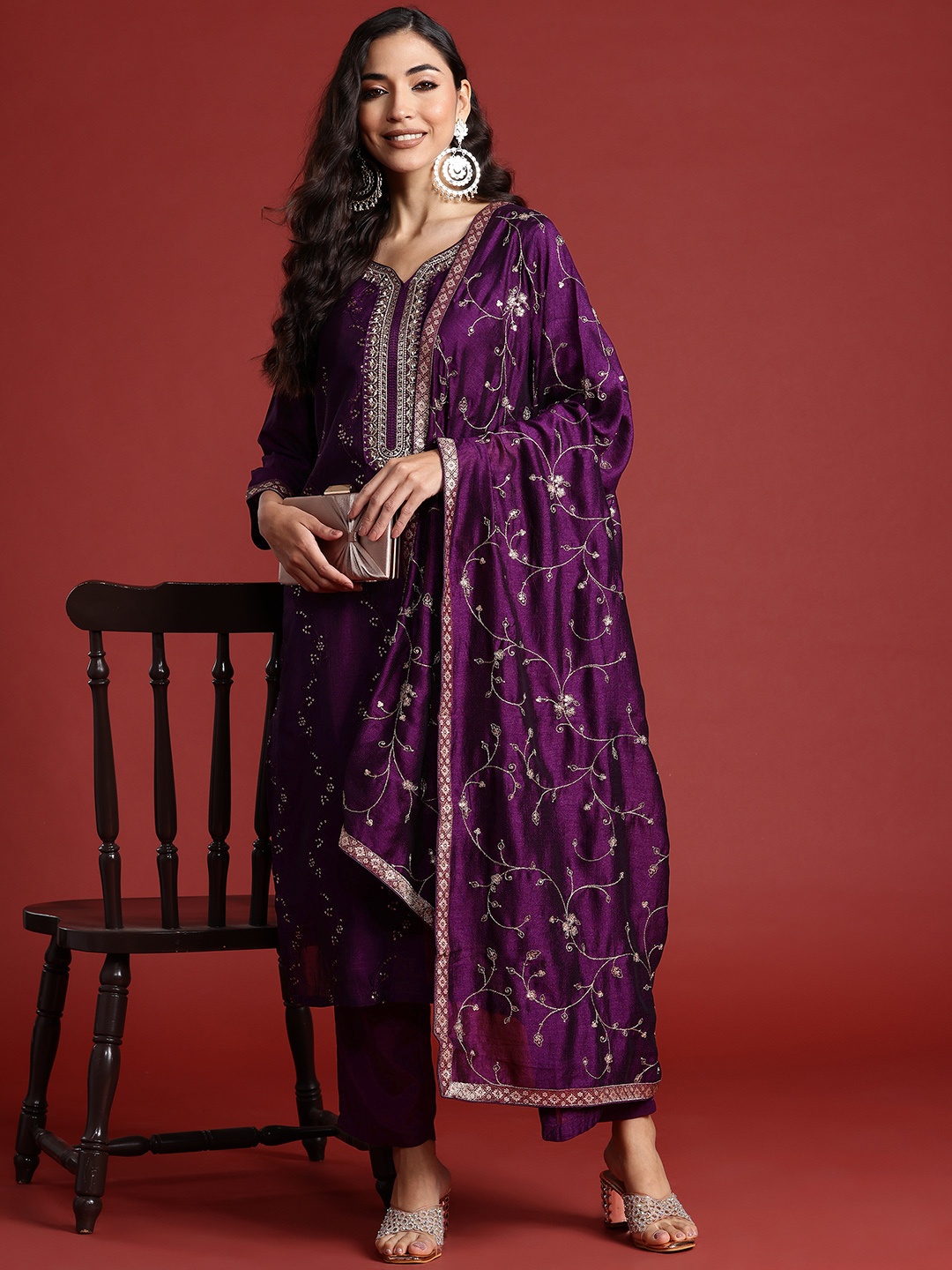 

Indo Era Floral Embroidered Sequinned Kurta With Trousers & Dupatta, Purple