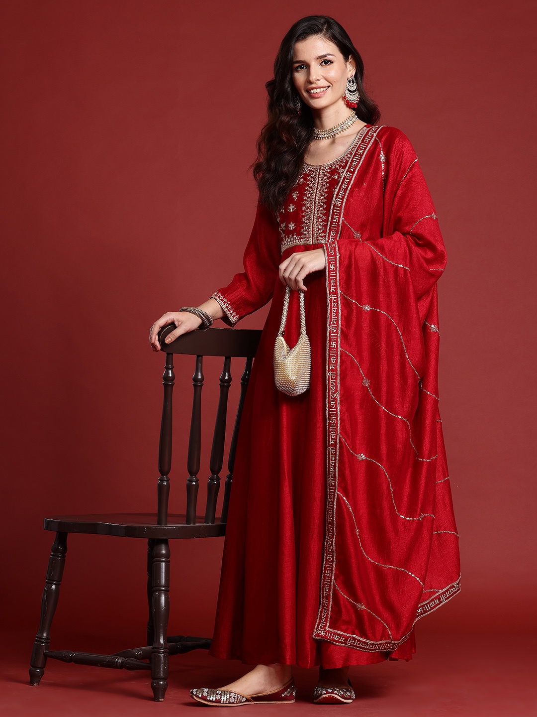 

Indo Era Ethnic Motifs Embroidered Empire Kurta with Trousers & Dupatta, Red