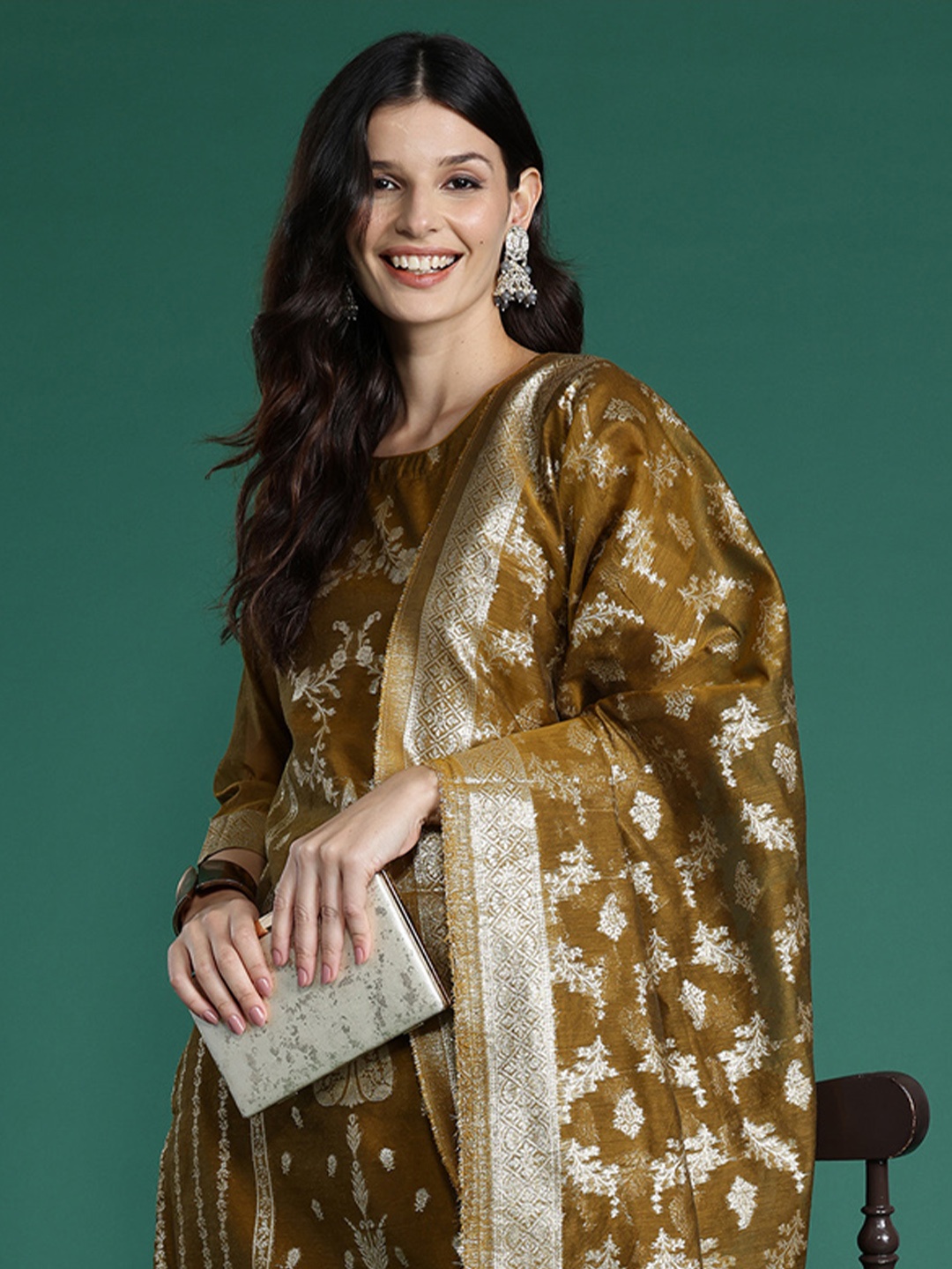 

Indo Era Women Ethnic Motifs Woven Design Kurta with Trousers & With Dupatta, Mustard