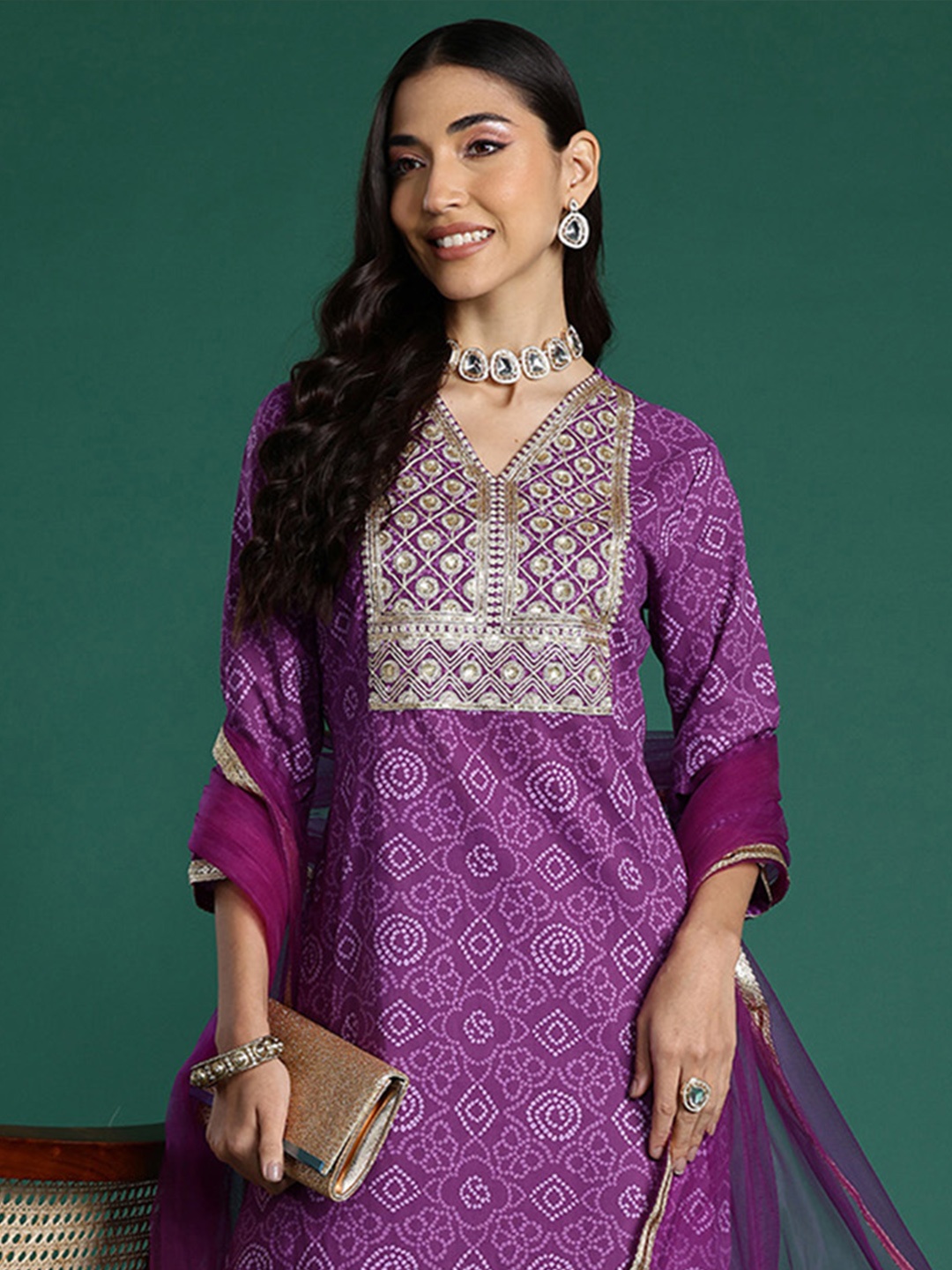 

Indo Era Bandhani Printed Sequinned Pure Cotton Kurta With Trousers & Dupatta, Purple