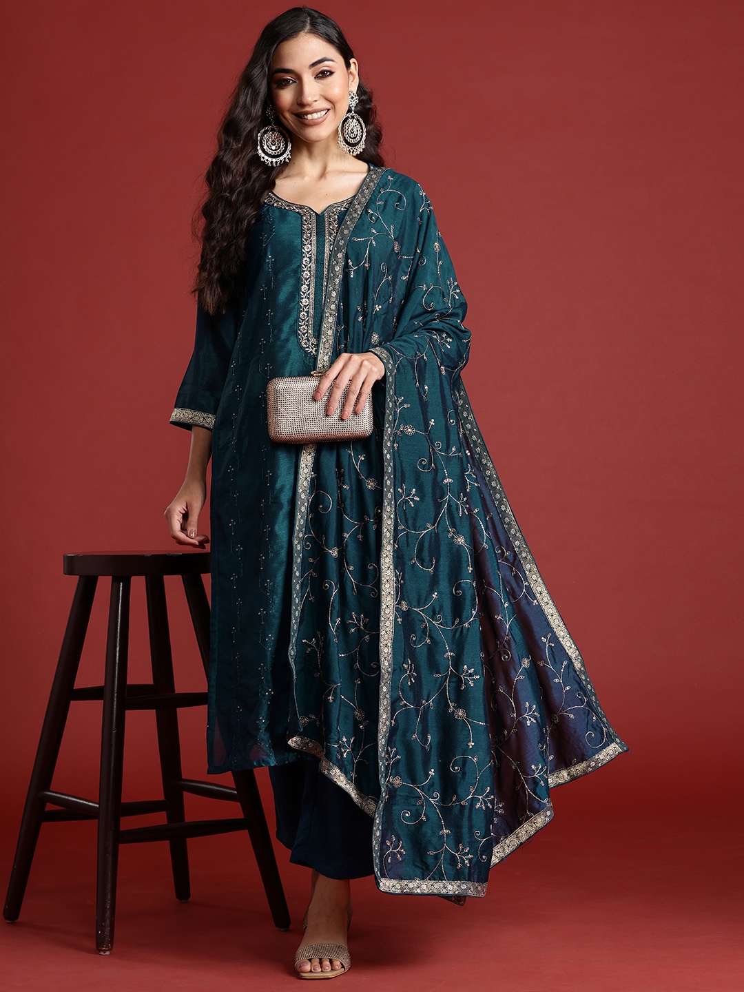 

Indo Era Floral Embroidered Sequinned Kurta With Trousers & Dupatta, Teal