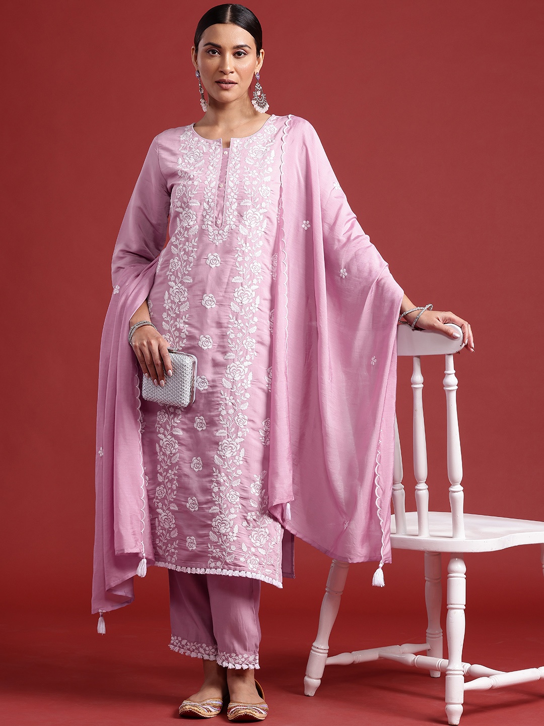 

Indo Era Floral Embroidered Thread Work Kurta With Trousers & Dupatta, Lavender