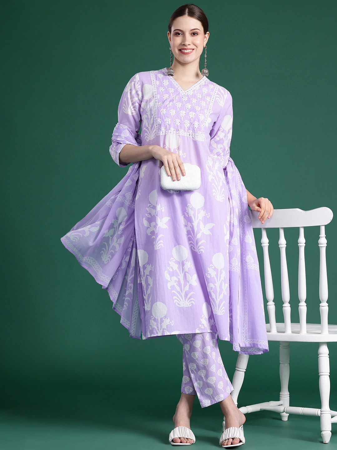 

Indo Era Floral Printed Sequinned Pure Cotton Kurta With Trousers & Dupatta, Lavender