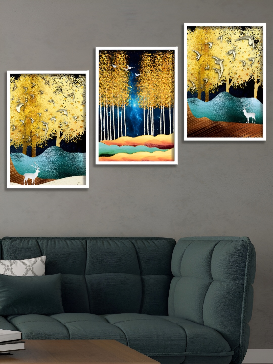 

Aura Gold-Toned & Blue 3 Pieces Abstract Painting Wall Arts
