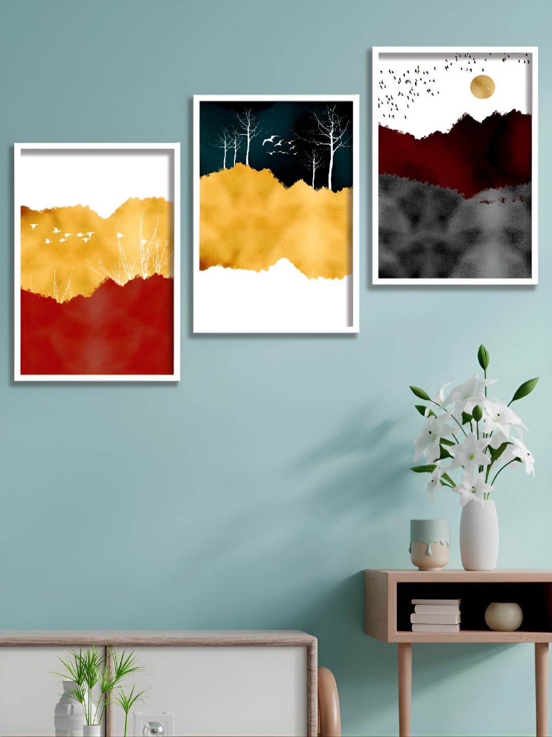 

Aura Gold-Toned & White 3 Piece Synthetic Wood Abstract Wall Paintings