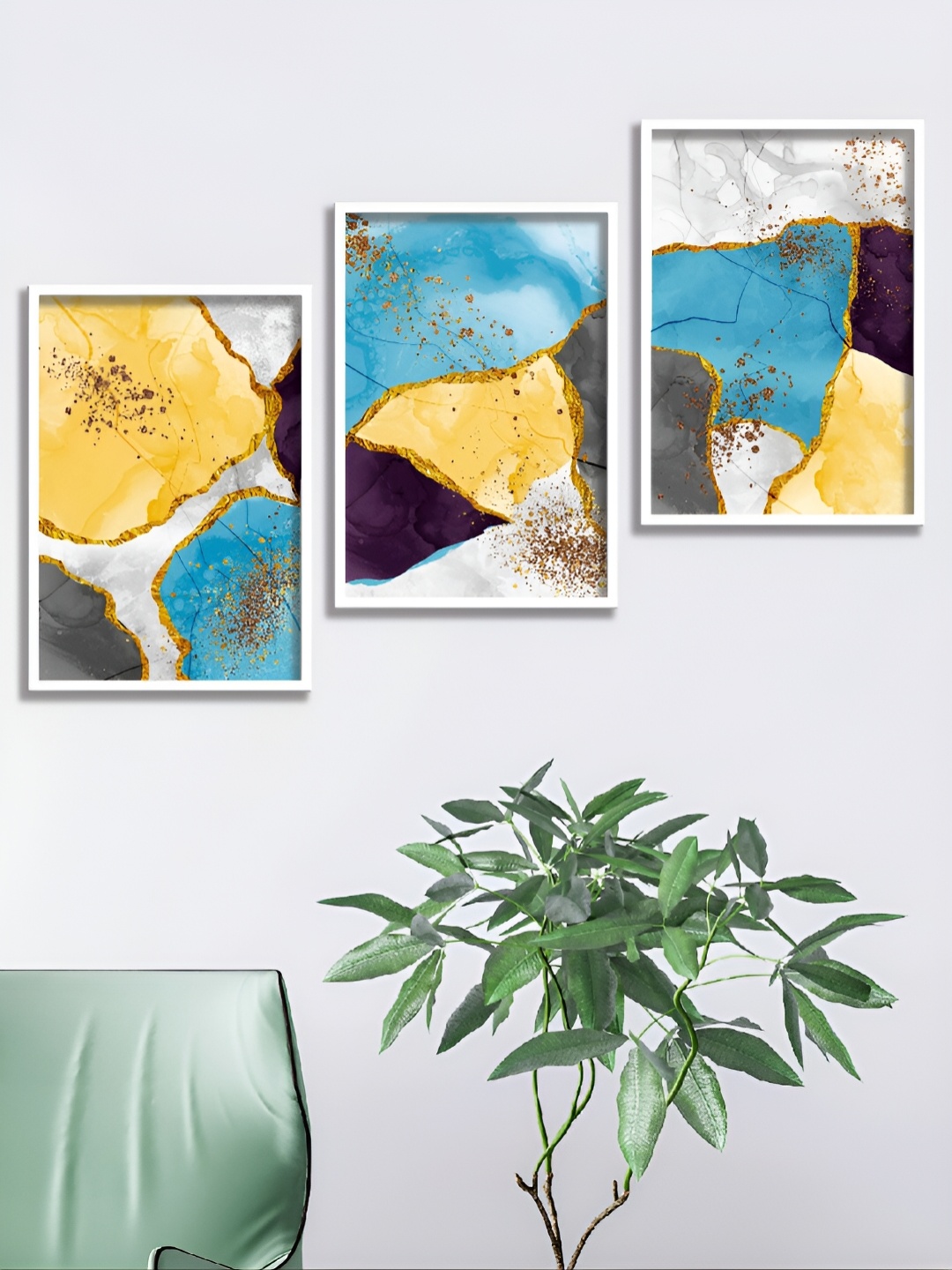 

Aura Gold-Toned & Blue 3 Pieces Abstract Paintings Wall Arts
