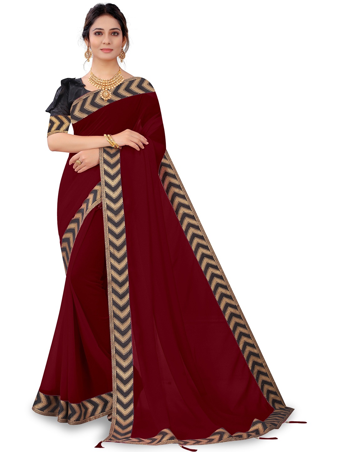 

QENY Zari Pure Georgette Saree, Maroon