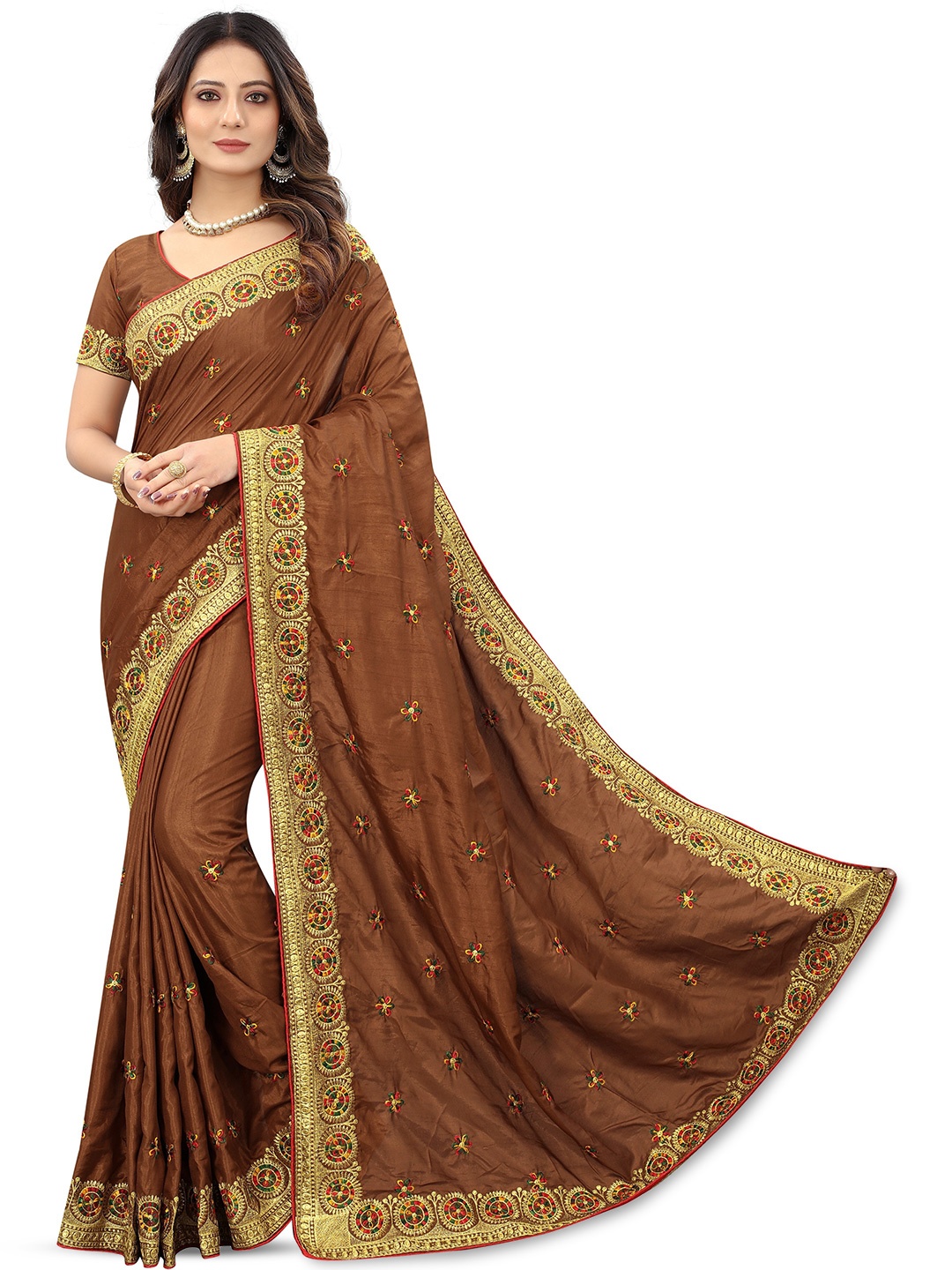 

QENY Floral Zari Art Silk Kota Saree, Brown