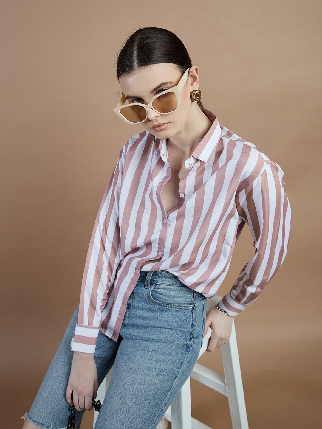 

The Roadster Lifestyle Co. Pink and White Striped Oversized Shirt