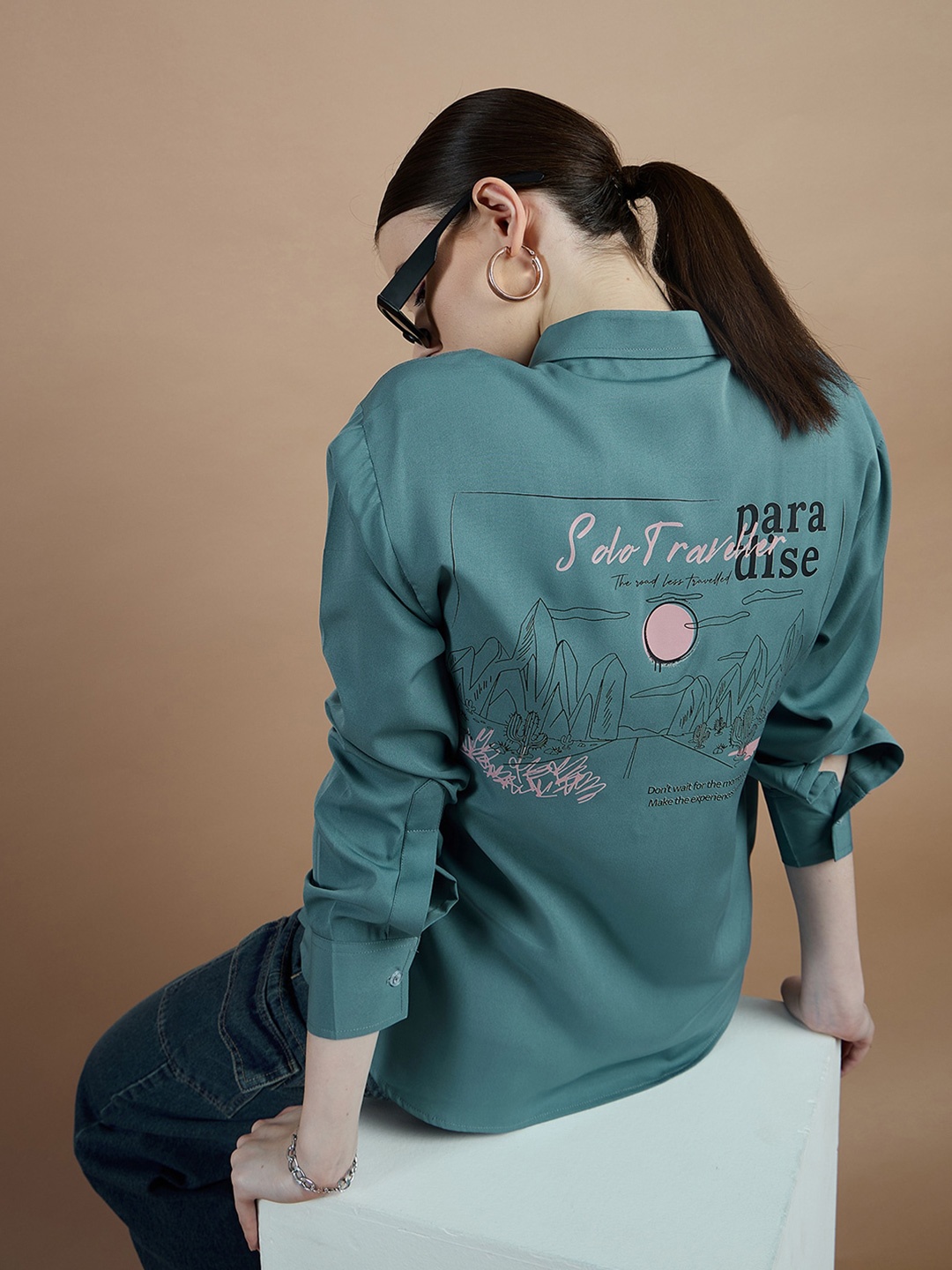 The Roadster Lifestyle Co. Teal Green & Black Graphic Printed Oversized T-Shirt