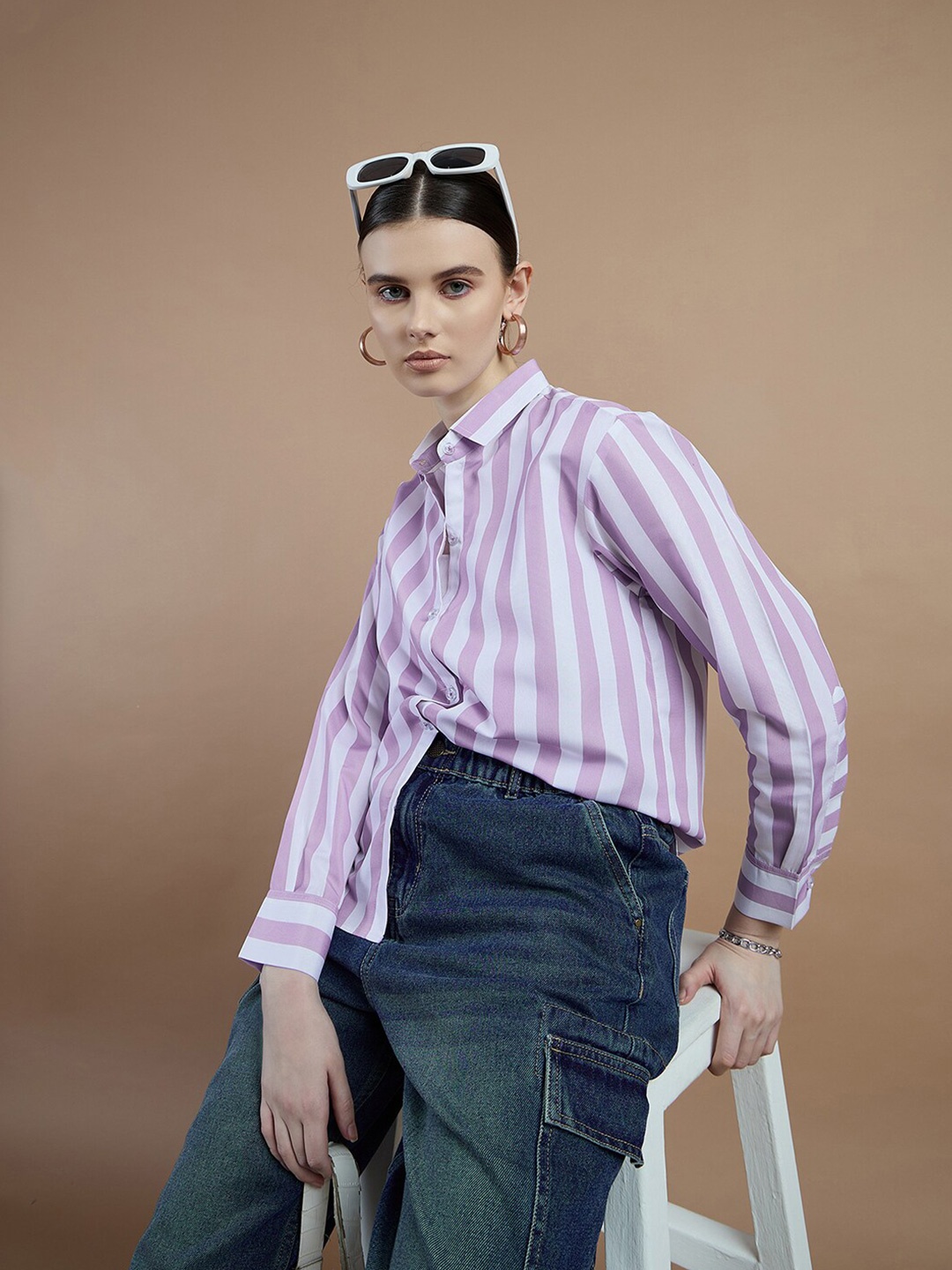 

The Roadster Lifestyle Co. Lavender Coloured and White Striped Oversized Shirt