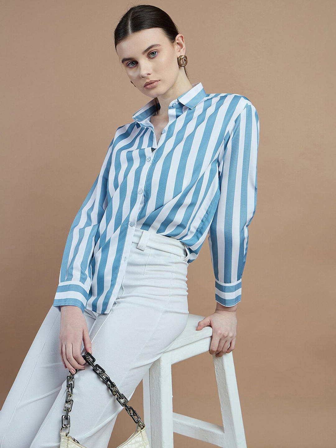 

The Roadster Lifestyle Co Vertical Stripes Oversized Shirt, Blue