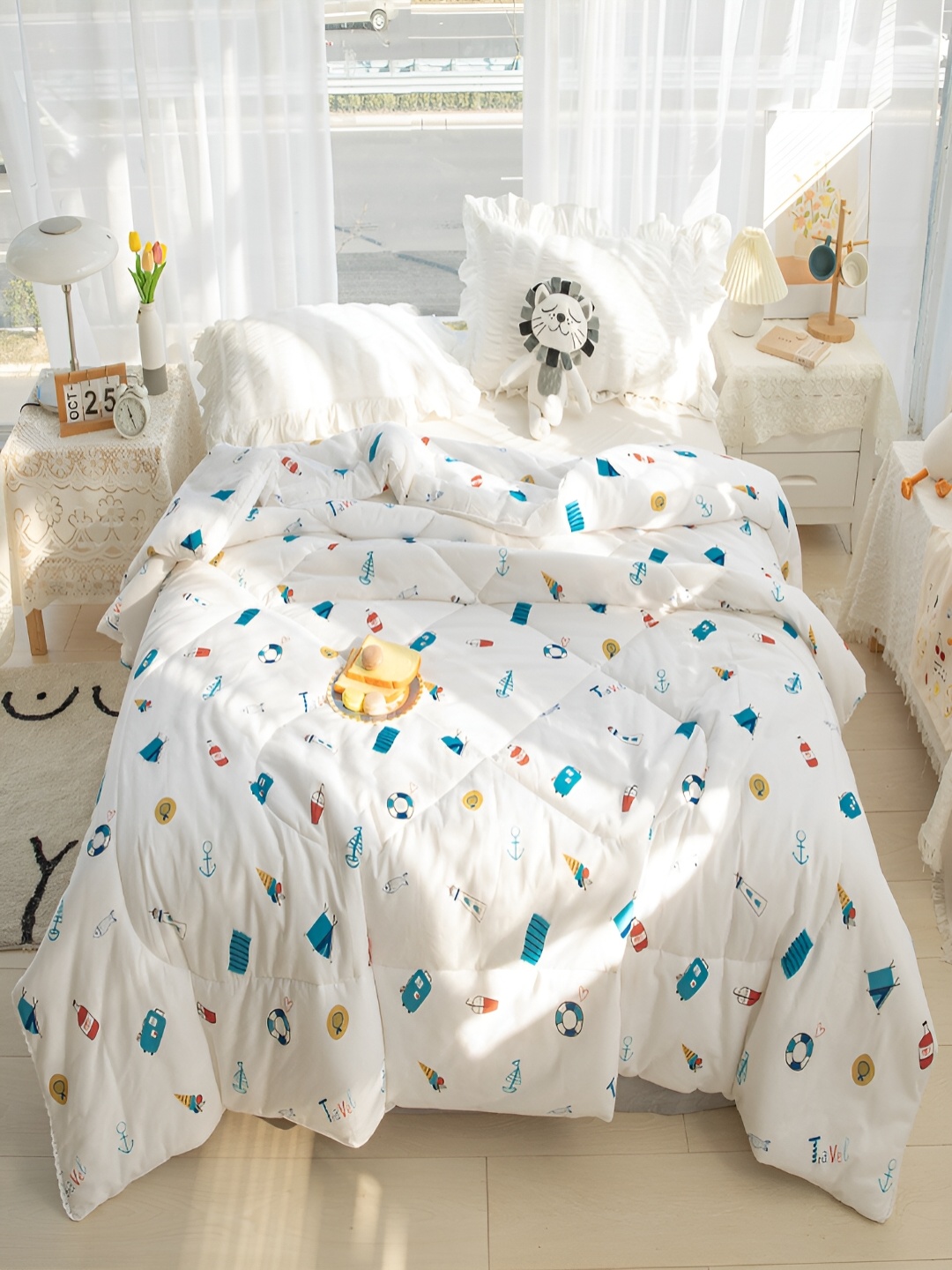 

JC HOME White & Blue Conversational AC Room 350 GSM Pure Cotton Single Bed Quilt