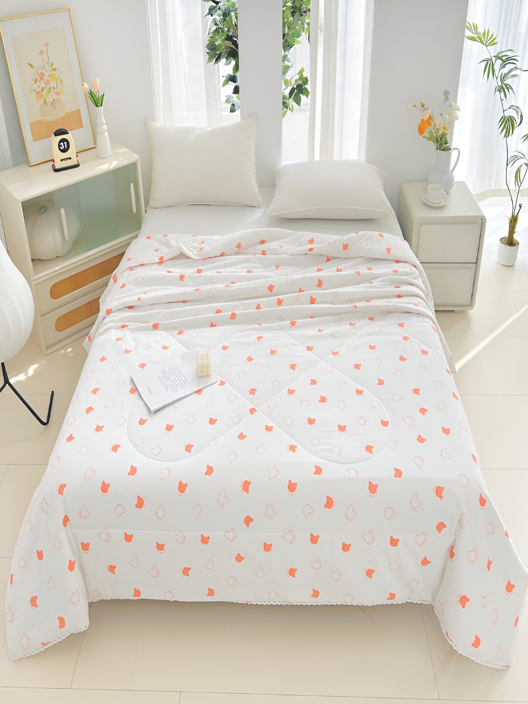 

JC HOME White & Orange Conversational AC Room 350 GSM Pure Cotton Double Bed Quilt