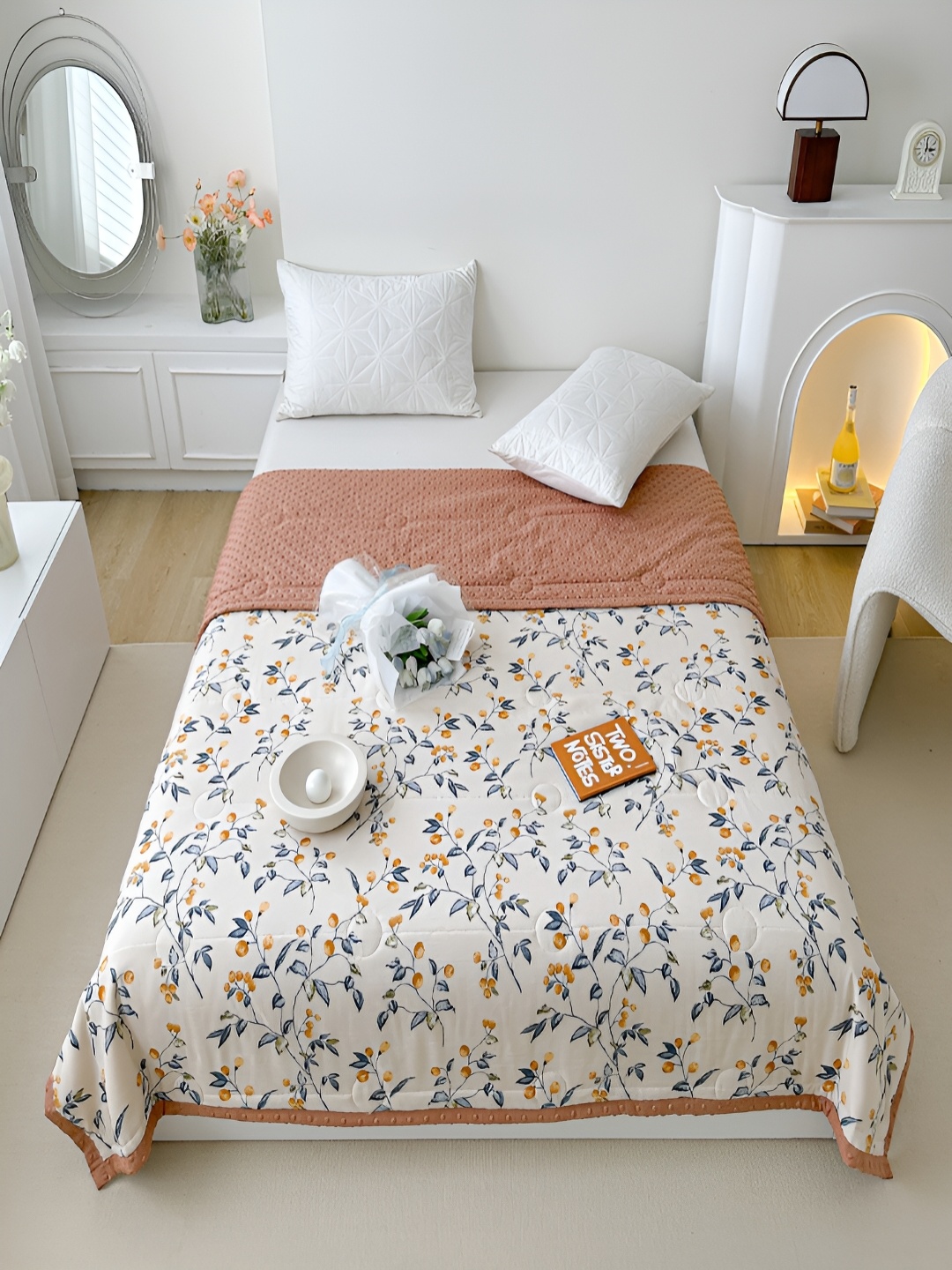 

JC HOME White & Brown Floral Printed AC Room 300 GSM Double Bed Quilt