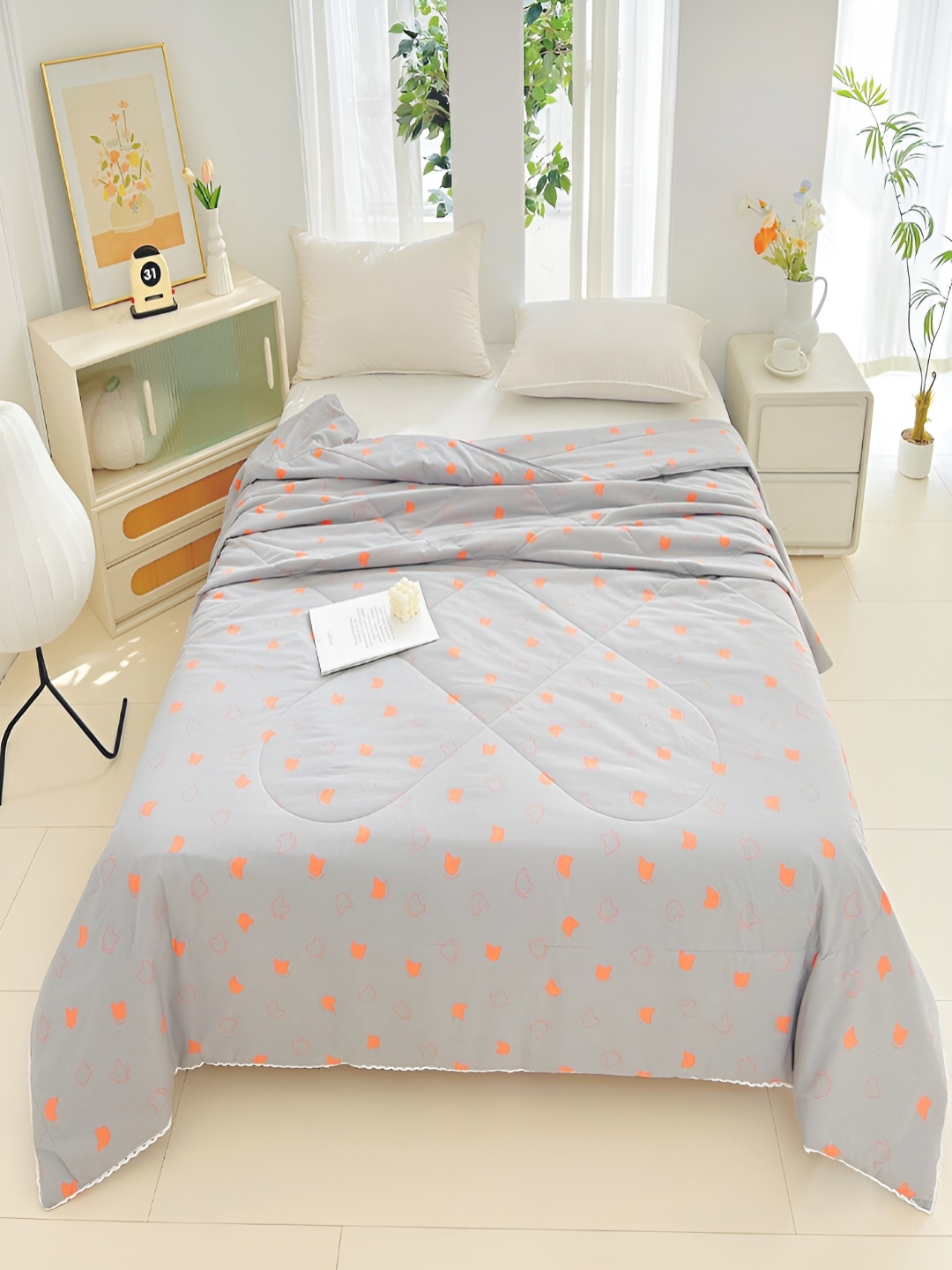 

JC HOME Grey & Orange Conversational AC Room 350 GSM Pure Cotton Double Bed Quilt