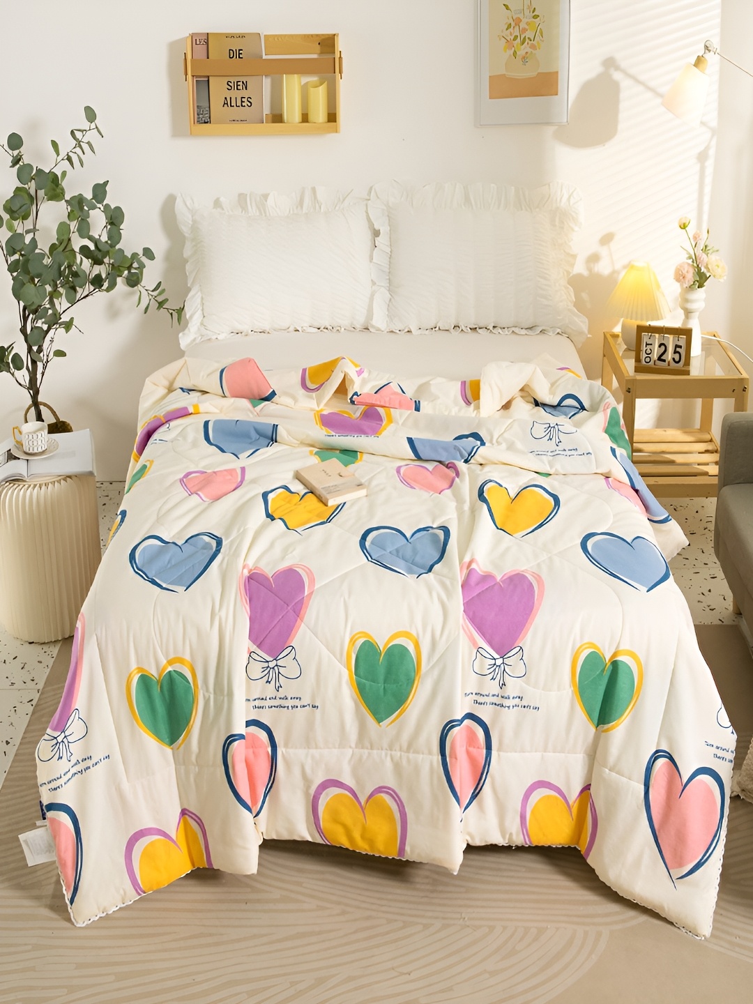 

JC HOME Off White & Yellow Conversational AC Room 350 GSM Pure Cotton Double Bed Quilt