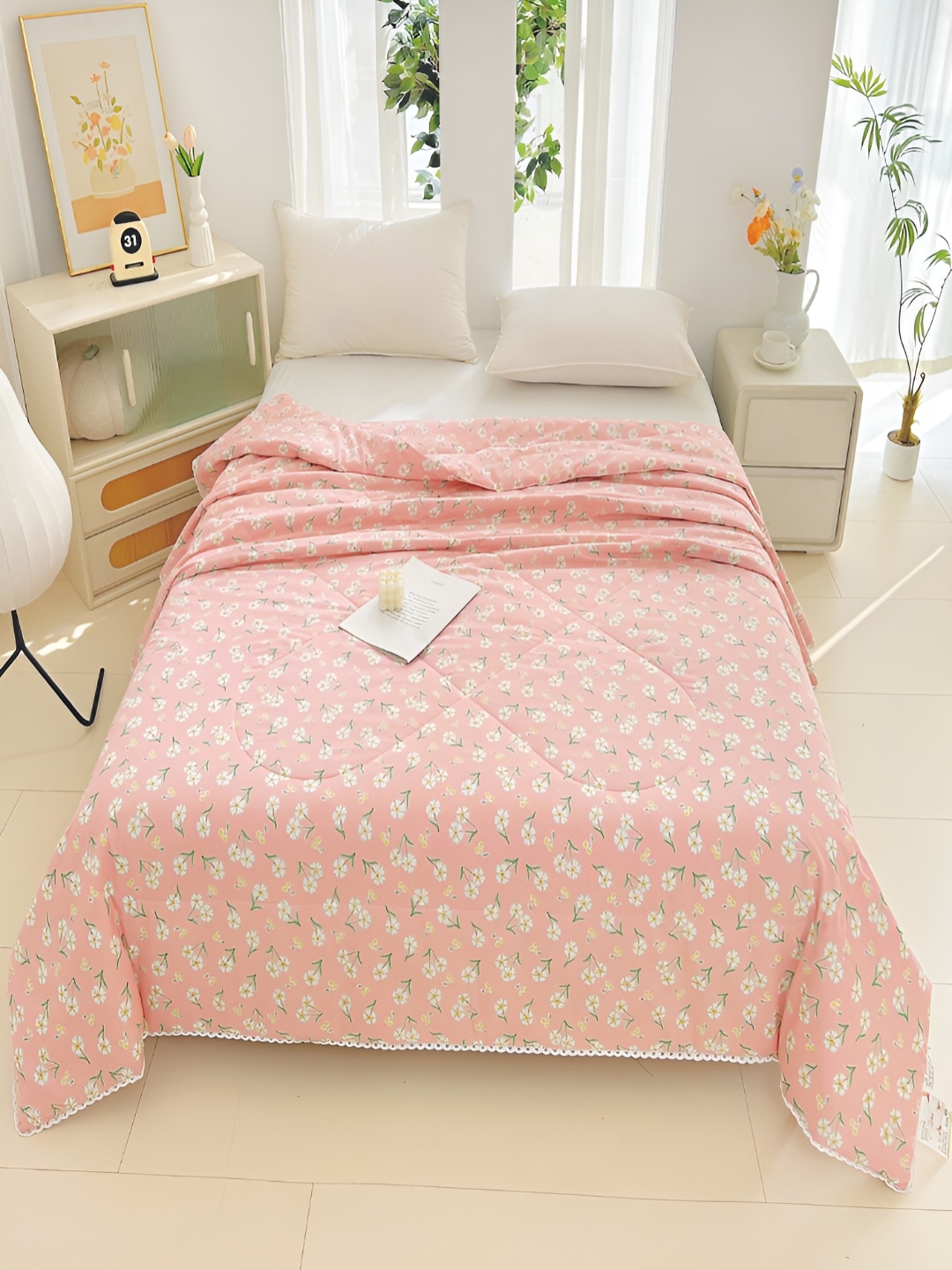 

JC HOME Pink & White Floral Printed AC Room 350 GSM Pure Cotton Single Bed Quilt