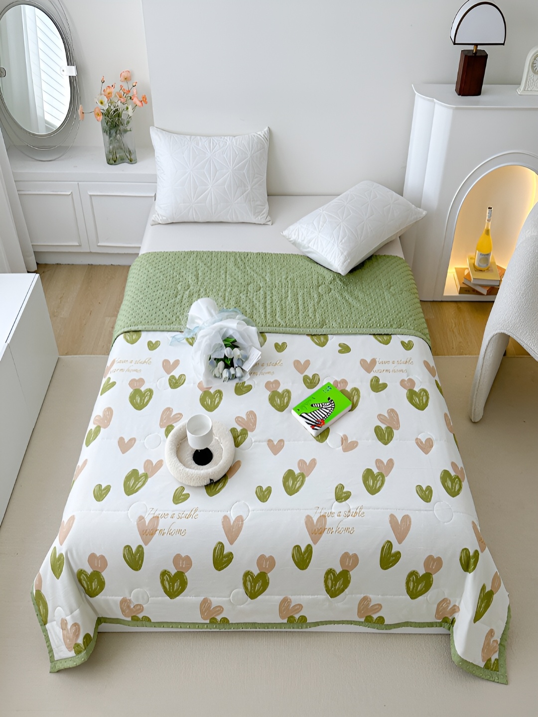

JC HOME White & Green Conversational AC Room 300 GSM Single Bed Quilt