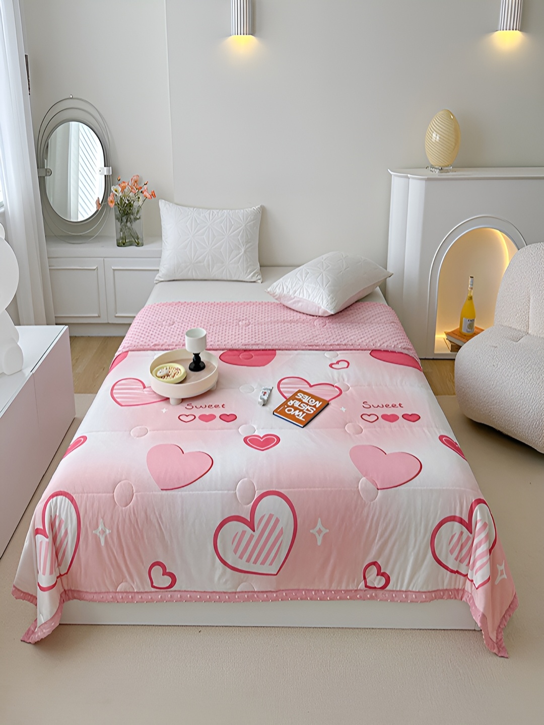 

JC HOME Pink & White Geometric AC Room 350 GSM Double Bed Quilt