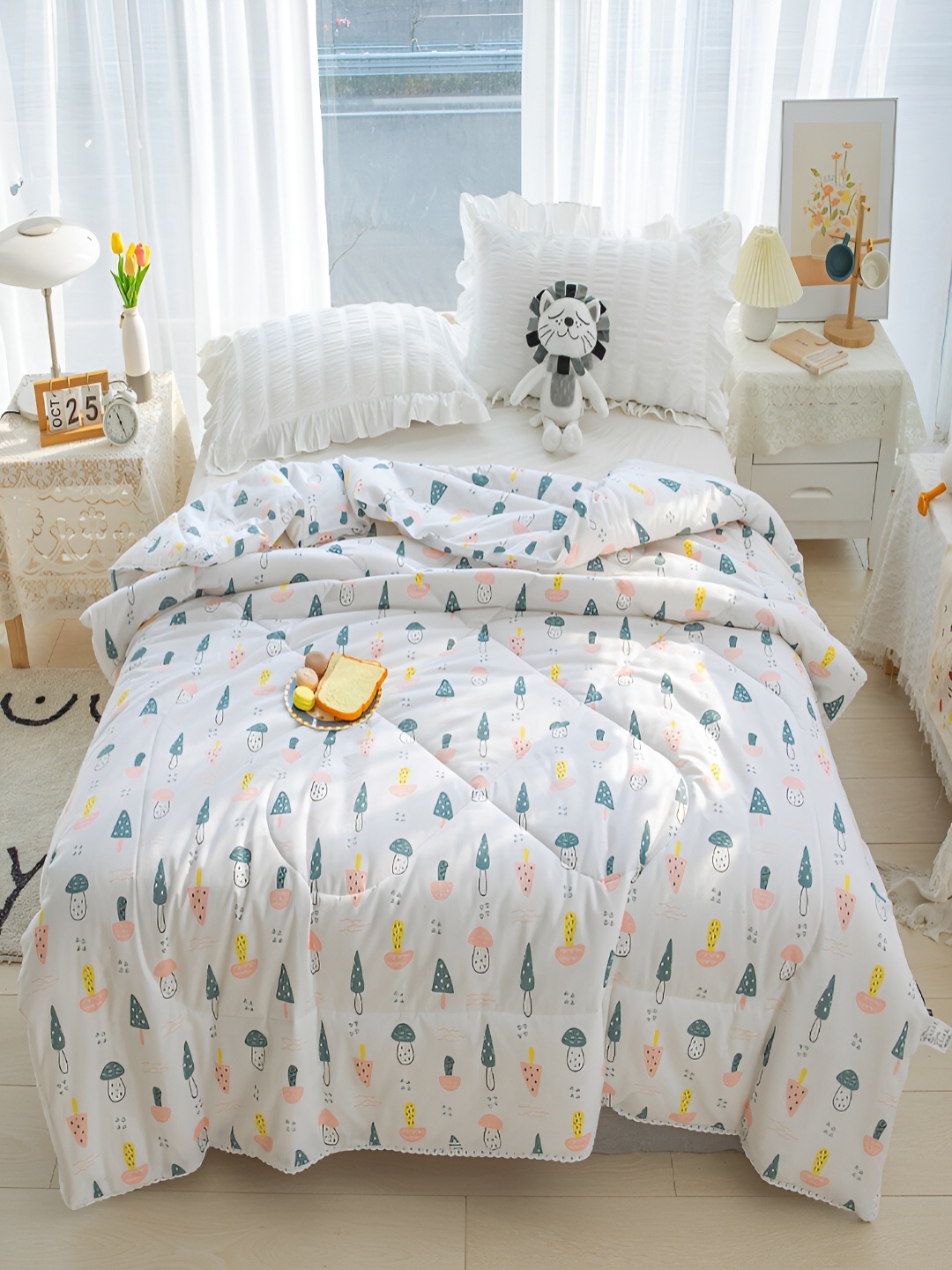 

JC HOME White & Blue Cartoon Characters AC Room 350 GSM Double Bed Quilt