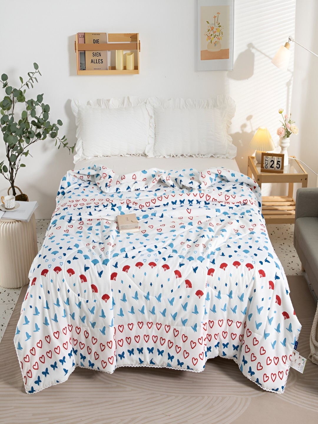 

JC HOME White & Blue Conversational AC Room 350 GSM Pure Cotton Double Bed Quilt