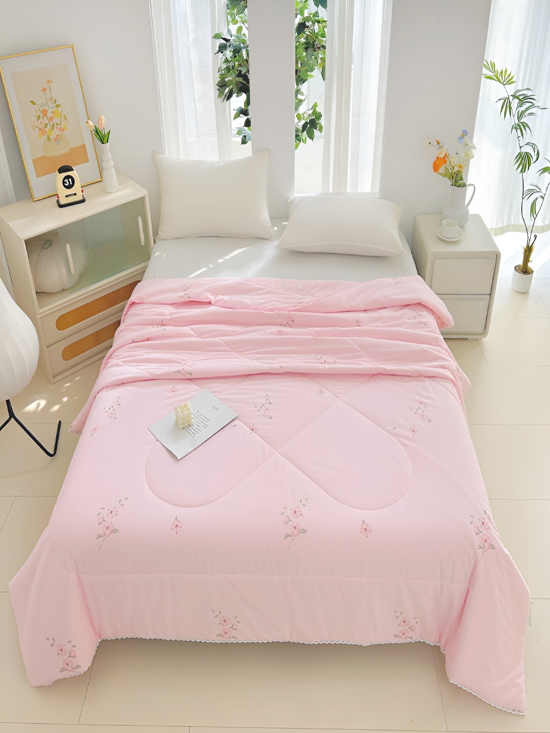 

JC HOME Pink & Green Floral Printed AC Room 350 GSM Pure Cotton Single Bed Quilt