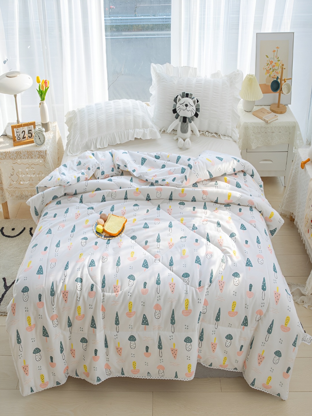 

JC HOME White & Blue Conversational AC Room 350 GSM Pure Cotton Double Bed Quilt