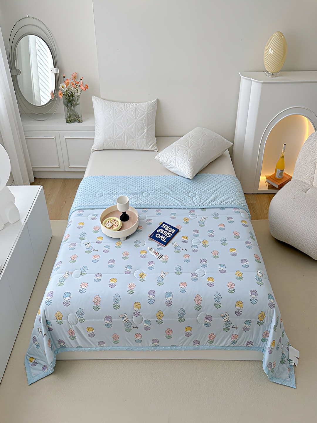 

JC HOME Blue & Yellow Floral Printed AC Room 350 GSM Double Bed Quilt