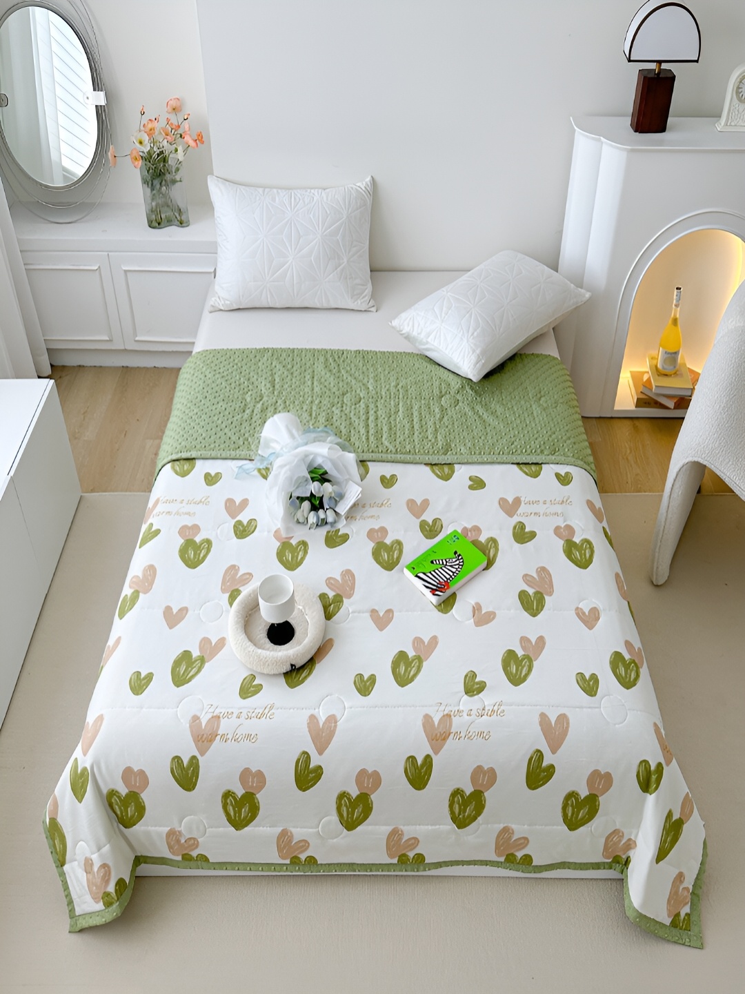 

JC HOME White & Green Conversational AC Room 300 GSM Double Bed Quilt