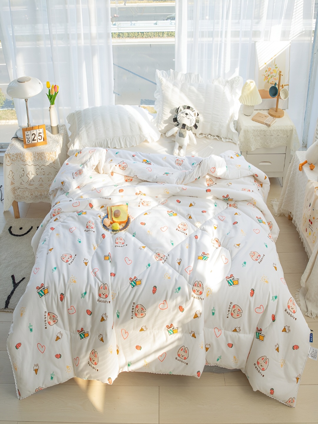 

JC HOME White & Orange Conversational AC Room 350 GSM Pure Cotton Single Bed Quilt