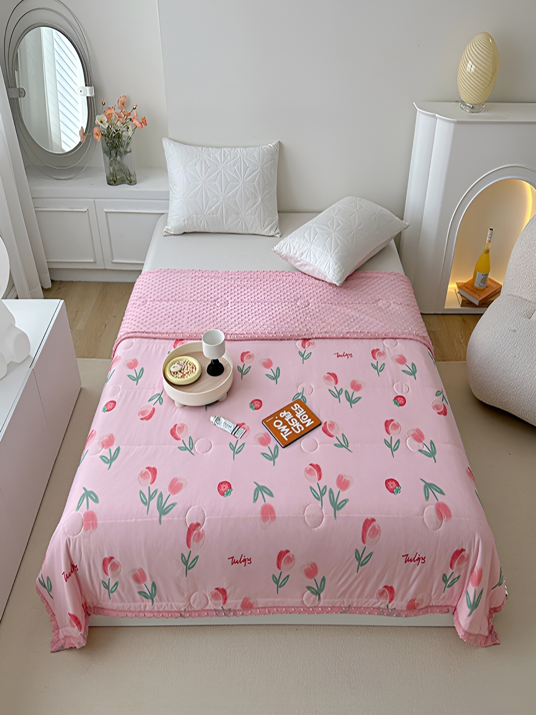 

JC HOME Pink & Green Floral Printed AC Room 350 GSM Double Bed Quilt