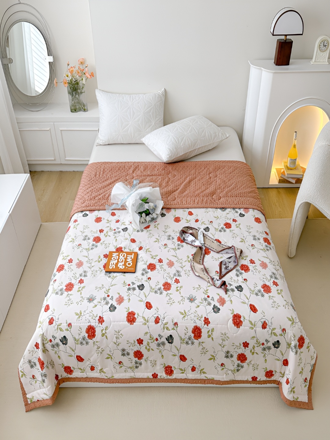

JC HOME White & Red Floral Printed AC Room 300 GSM Single Bed Quilt