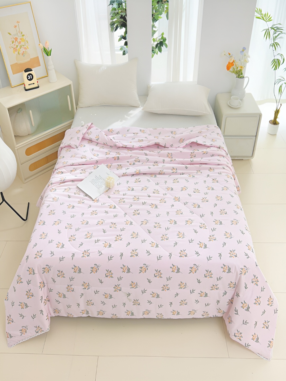 

JC HOME Pink & Yellow Floral Printed AC Room 350 GSM Pure Cotton Double Bed Quilt