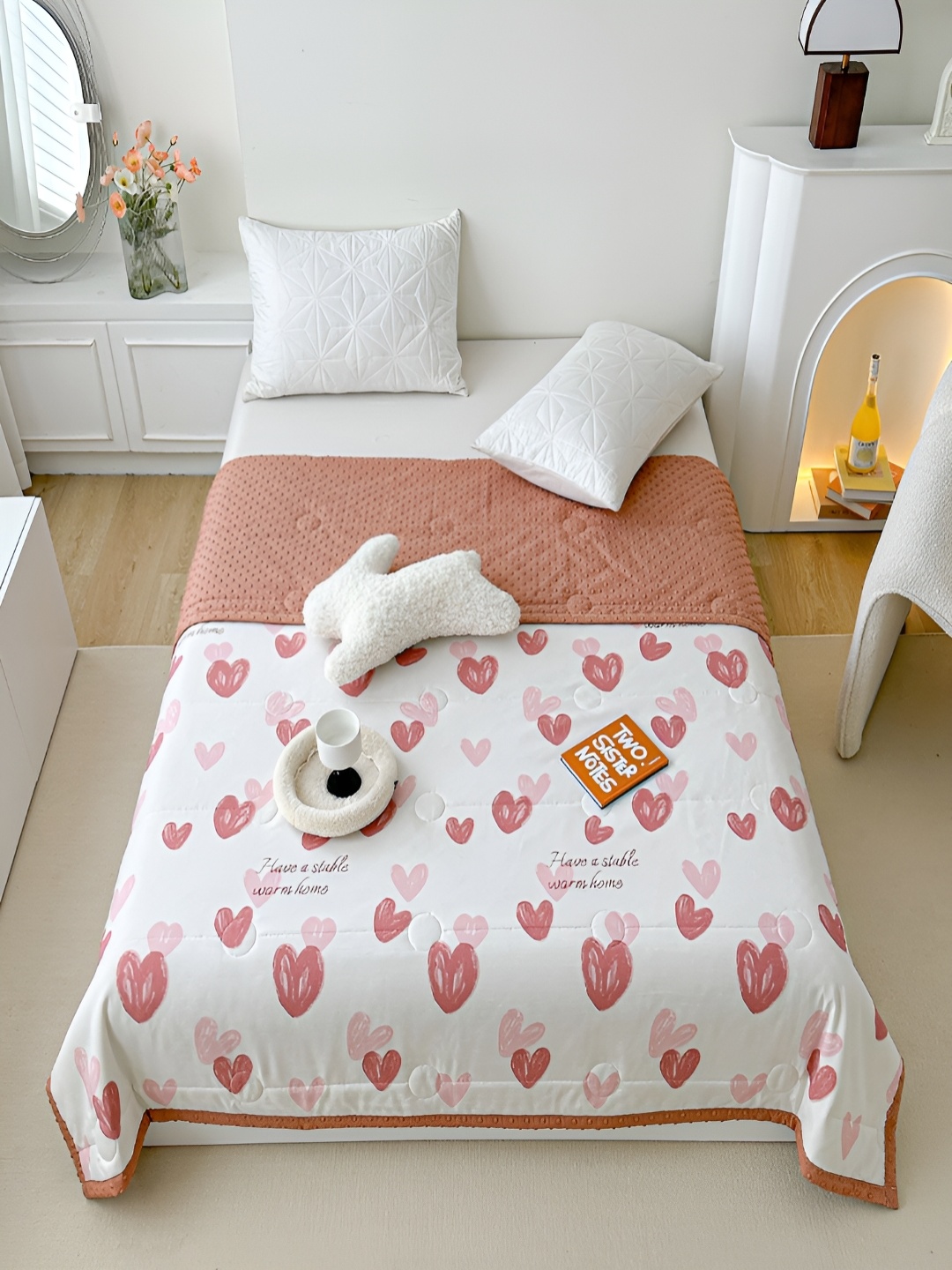 

JC HOME White & Pink Printed AC Room 300 GSM Double Bed Quilt