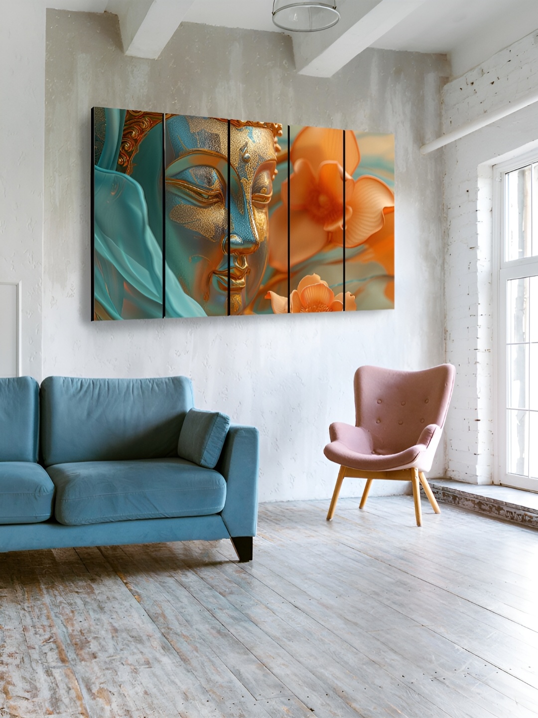 

OLIVE TREE Blue & Orange 5 Pieces Wooden Wall Art
