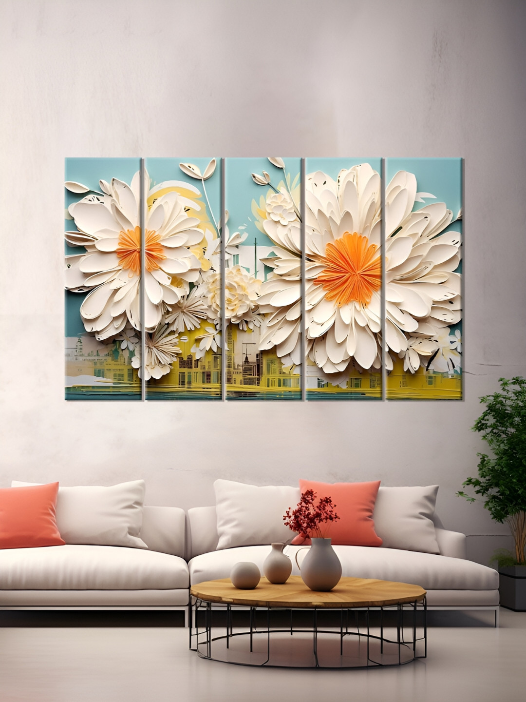 

OLIVE TREE White & Blue 5 Pieces Floral Wooden Wall Art