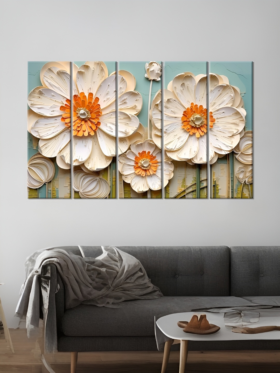 

OLIVE TREE White & Blue 5 Pieces Floral Wooden Wall Art
