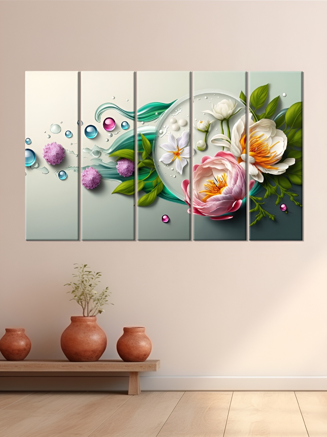 OLIVE TREE Green & Pink 5 Pieces Floral Wooden Wall Art