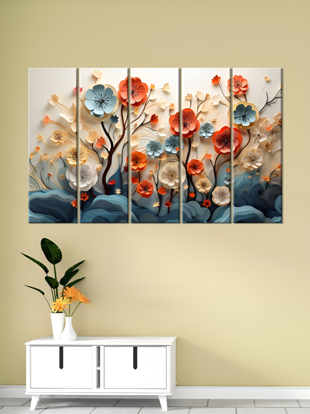

OLIVE TREE Cream & Grey 5 Pieces Wooden Floral and Botanical Wall Art