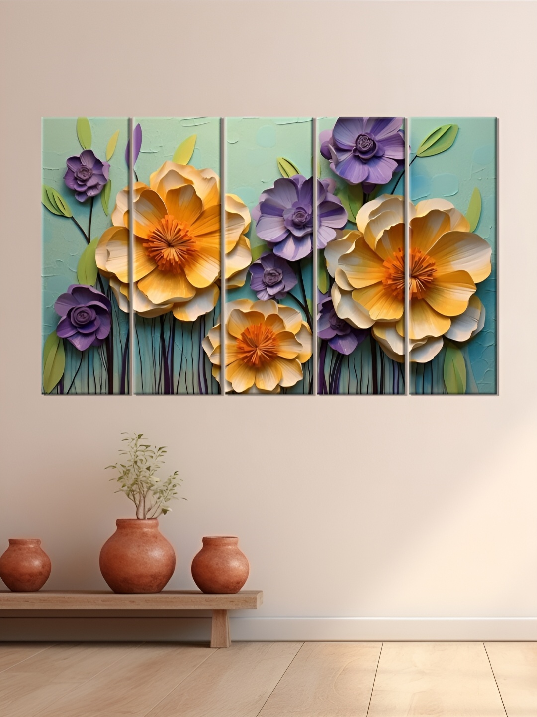 

OLIVE TREE Green & Yellow 5 Pieces Floral Wooden Wall Art