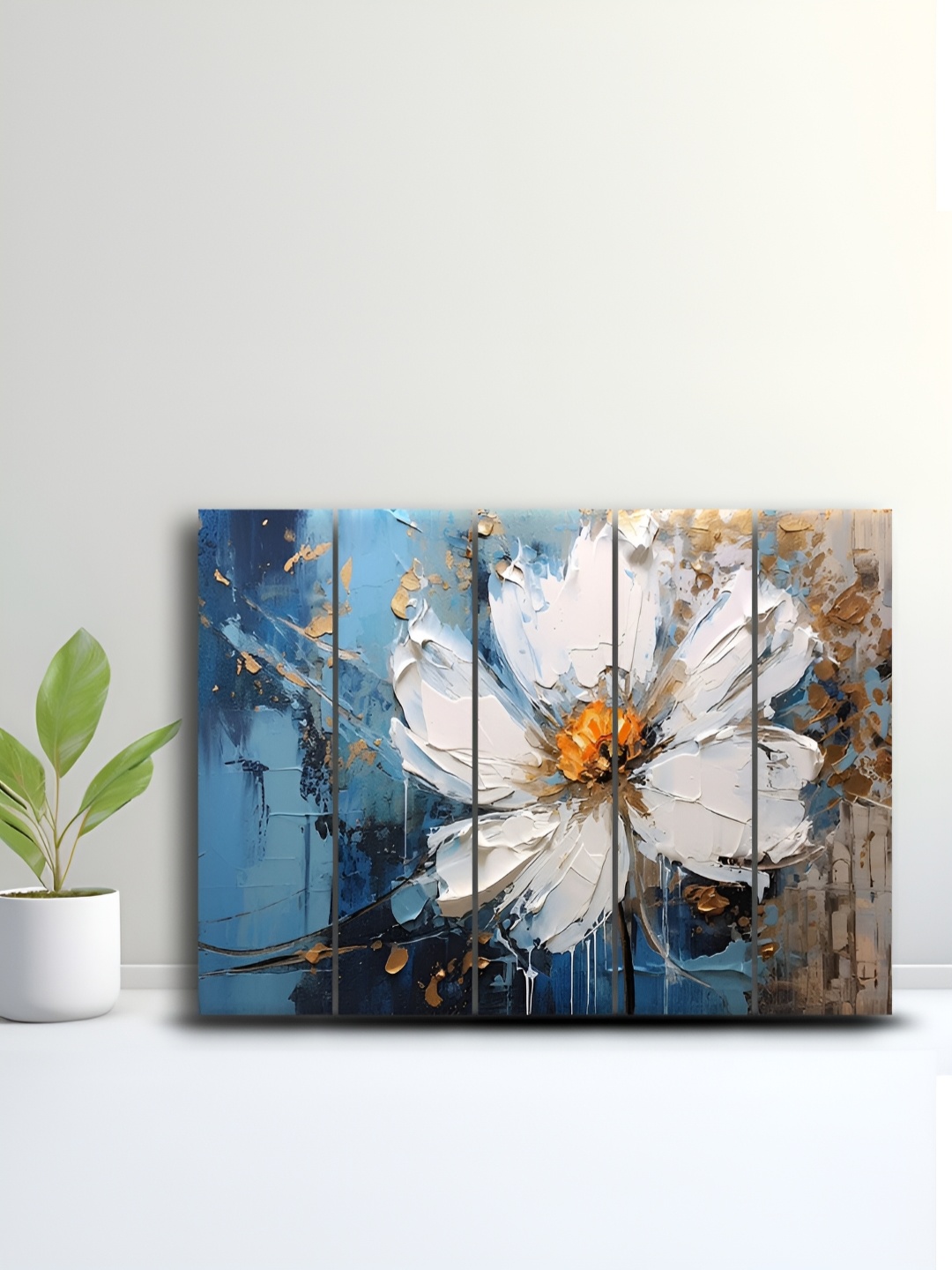 

OLIVE TREE Blue & White 5 Pieces Floral Wooden Wall Art