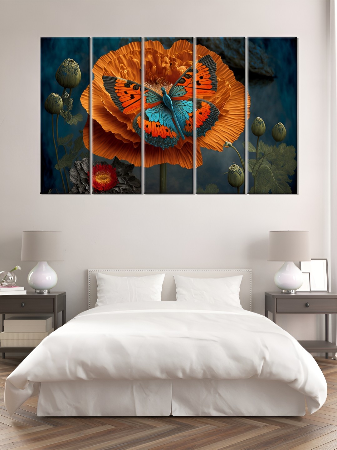 

OLIVE TREE Orange & Blue 5 Pieces Floral Wooden Wall Art