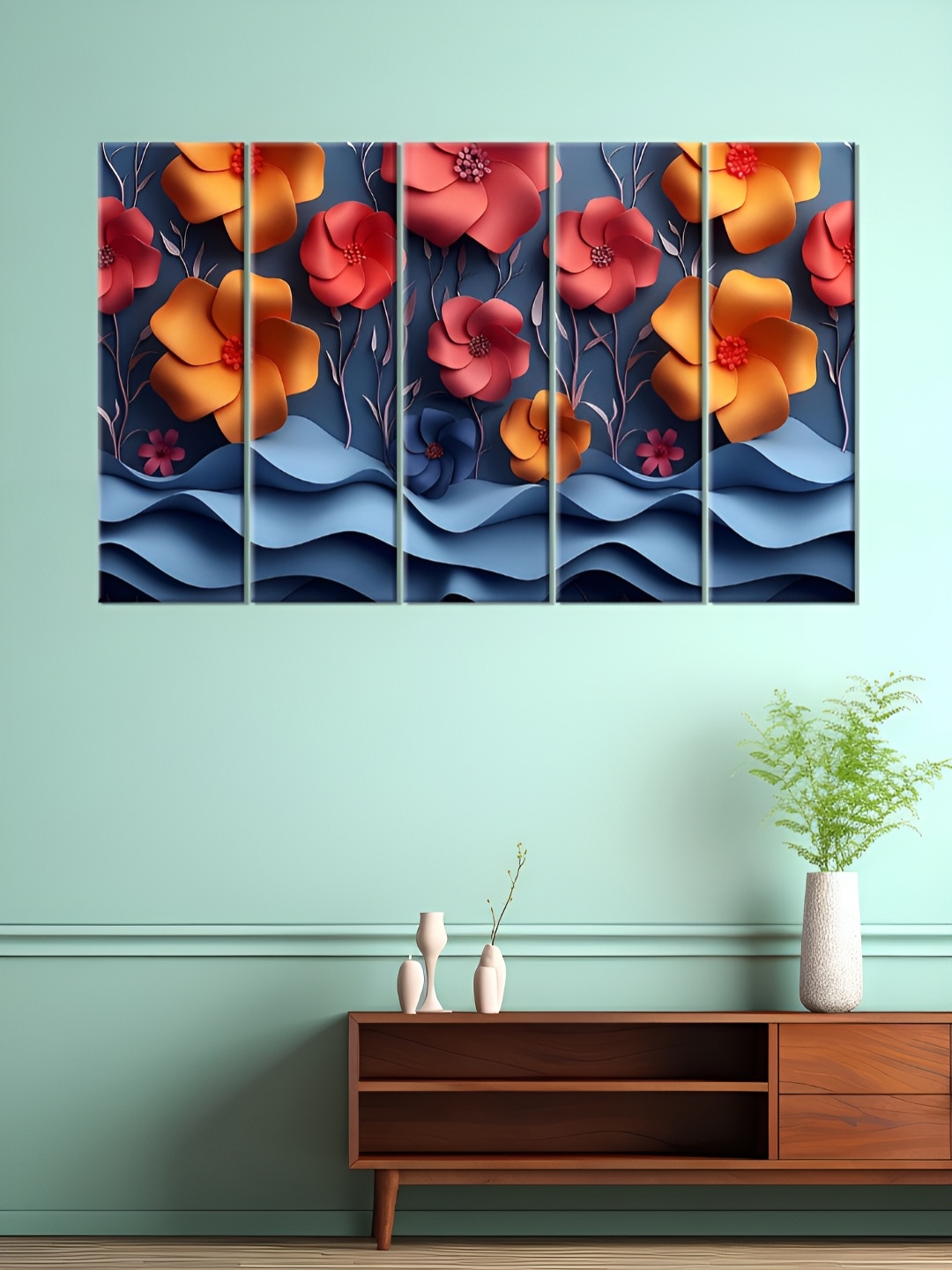 

OLIVE TREE Blue & Red 5 Pieces Floral Wooden Wall Art